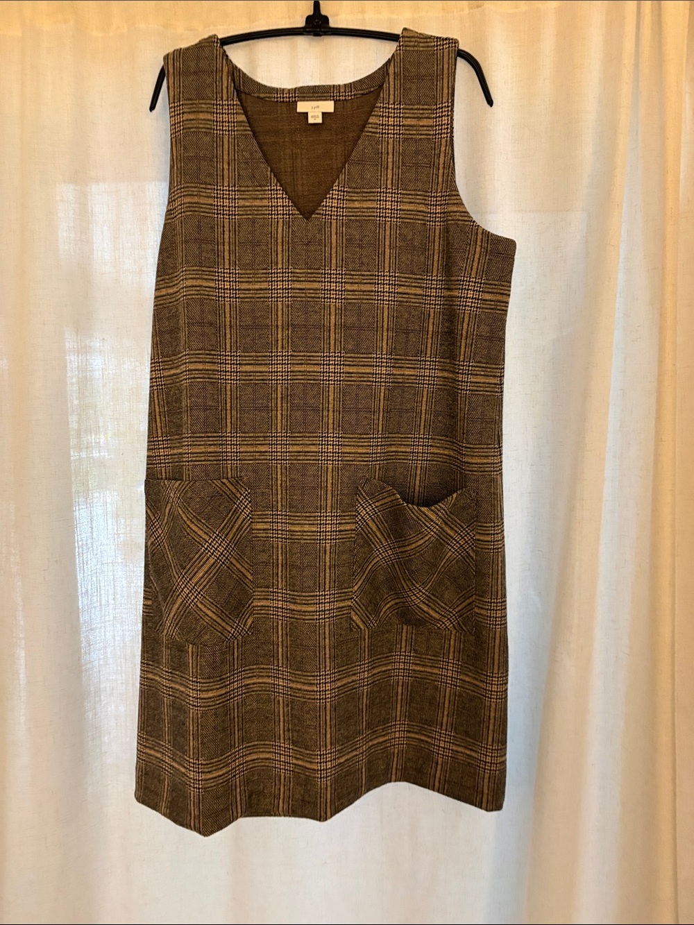 J. Jill Brown Plaid V-Neck Midi Shift Dress